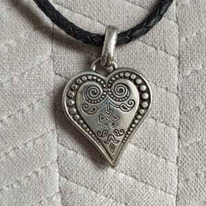 Brighton Black Leather Cord Necklace with Silver Heart Pendant